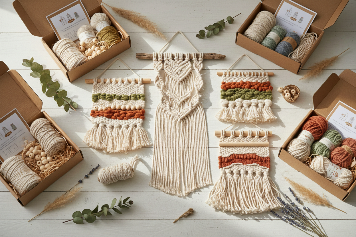 Flatlay of a pastel DIY wall hanging kit with wooden hoop, yarn, cords and fabric pieces arranged neatly on a white background.