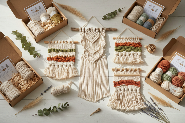 Flatlay of a pastel DIY wall hanging kit with wooden hoop, yarn, cords and fabric pieces arranged neatly on a white background.