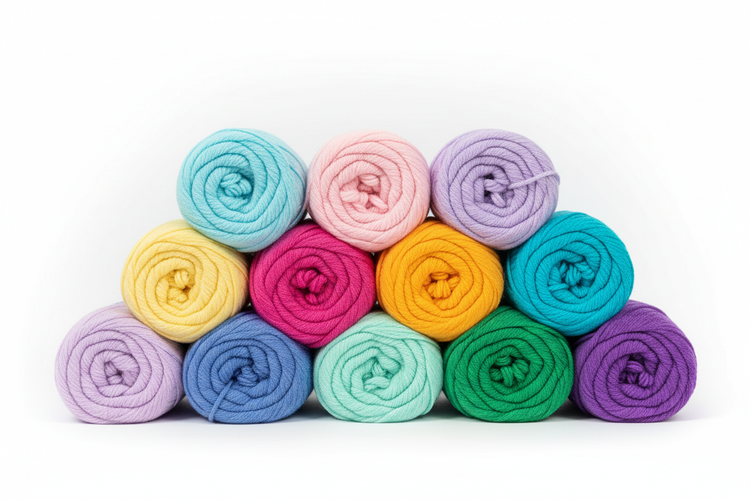 Flatlay of soft yarn bundles in pastel and neutral colors arranged in neat rows on a white background.