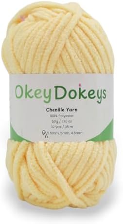 Size 6 Chenille Yarn 50g/32yds, 100% Polyester, Never Compressed to Keep Yarn Fluffy, 1 Pack, Each Skein - 1.76oz/50g, 32yds/35m, for Crocheting and Amigurumi, Lite Yellow, Color 8