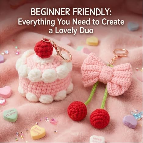 HOUSE CREATIVITY Crochet Keychain Kit for Beginners – Make 2 Cute Cake & Bow Charms, Amigurumi Crochet Starter Kit with Video Tutorial, Yarn & Keyring, DIY Bag Charm Gift