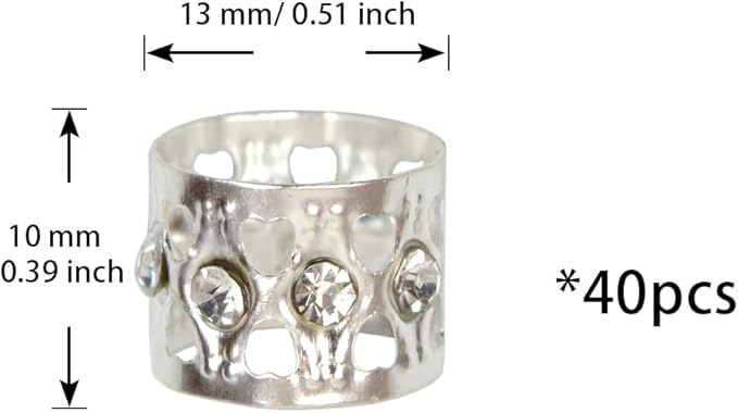 40 Pcs Silver Dreadlocks Beads Rhinestone Hair Rings Aluminum Adjustable Metal Hair Cuffs Beads Rings for Braids Hair Clip Decoration