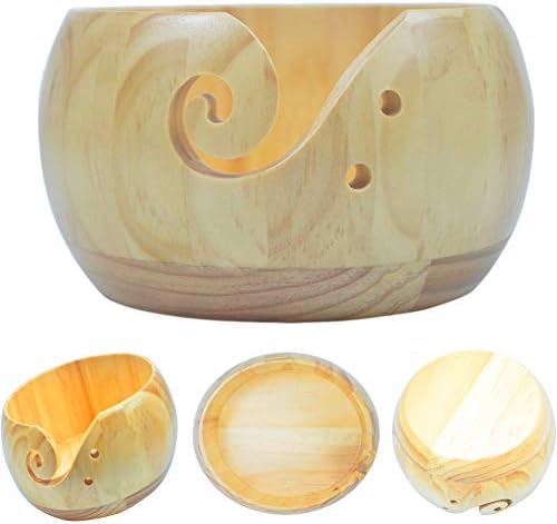 Wooden Knitting Bowls, Handmade Round Woven Yarn Holder with Drill Holes, Smooth Surface, Light and Easy to Carry