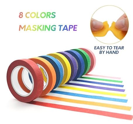 8PCS Colored Masking Tape - Painters Tape, Rainbow Colors Rolls, Kids Art Supplies, Great for Crafts, Labeling, DIY Decorative, 1/2 Inch Masking Tape- Tiny Size