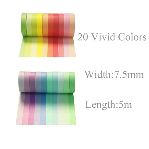 Washi Tape Set 20 Rolls - 7.5 mm Rainbow Colors Thin Decorative Tape for Bullet Journal, Planner, DIY Arts Crafts, Scrapbooking, Holiday Decoration
