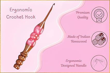 Wooden Crochet Hooks Set for Arthritic Hands | Ergonomic Soft Grip - Resin Mix Indian Rosewood Crochet Hook Set for Crocheting & Knitting (Pink, Set of 7)