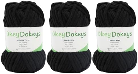 Size 6 Chenille Yarn 150g/96yds, 100% Polyester, Never Compressed to Keep Yarn Fluffy, 3 Packs, Each Skein - 1.76oz/50g, 32yds/35m, for Crocheting and Amigurumi, Ebony Black, Color 14