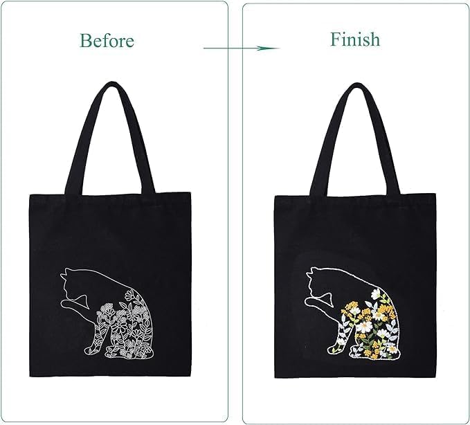 Smart-Feather Cat Embroidery Kit for Beginners Adults, Hand Embroidery Tote Bag Kit with Hoop and Patterns