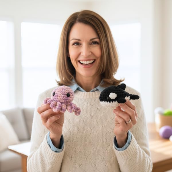 KelliDream Magic Circle Tool Inclusive Learn to Crochet Kit for Beginners; Step-by-Step Video Tutorials in English; All Supplies to Make Cute Amigurumi (Sea Creatures)