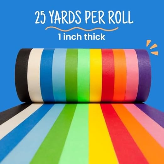 Colored Masking Tape - 11 Roll Multi- Pack, 825 Ft x 1 Inch - Colored Painters Tape for Arts & Crafts Labeling or Coding, Kids Art Supplies Color Tape Rolls, Colorful Masking Craft Tape