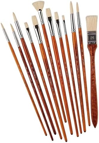 KINGART 12-Piece Long Handle White Hog Hair Artist Paint Brush Set, Perfect for Acrylic Oil Gouache Watercolor, Painting Brushes Kit for Canvas & Fabric with Storage Case