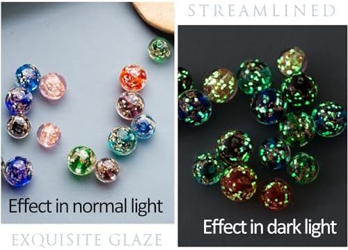 8mm 200pcs Glow in The Dark Glass Beads with Holes for Jewelry Making Bracelets Earrings Necklace Bulk Lampwork Solar Unique DIY Crafts Gold Spacer Beads Kit(100pcs Beads+100pcs Spacer)