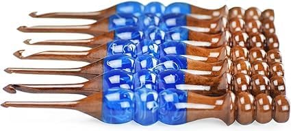 Wooden Crochet Hooks Set for Arthritic Hands | Ergonomic Soft Grip - Resin Mix Indian Rosewood Crochet Hook Set for Crocheting & Knitting (Blue, Set of 13)