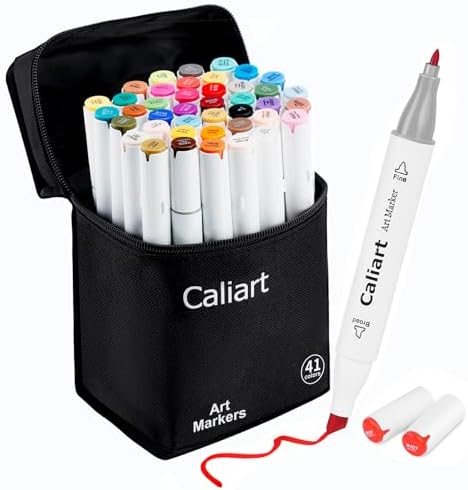 Caliart Art Markers, 41 Colors Alcohol Based Markers Pen Set Colored Dual Tip Fine & Chisel Permanent for Adults Coloring Book Drawing Illustration Sketch Highlighters Card Making
