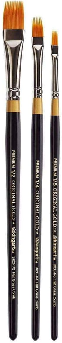 KINGART Premium 3 pc. Original Gold 9120 Series RAKE Comb Artist Brush Set, Synthetic Golden Taklon Hair for Acrylic, Oil, Watercolor and Gouache Paint, Short Handle, 3 Sizes: 1/8", 1/4", 1/2"