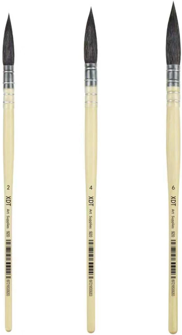 XDT#920 Round Watercolor Artist Paint Brush 3 Piece Set Medium Soft Black Goat Hair Long Handle #2#4#6, Mop Style Paint Brush for Watercolor & Acrylic & Oil