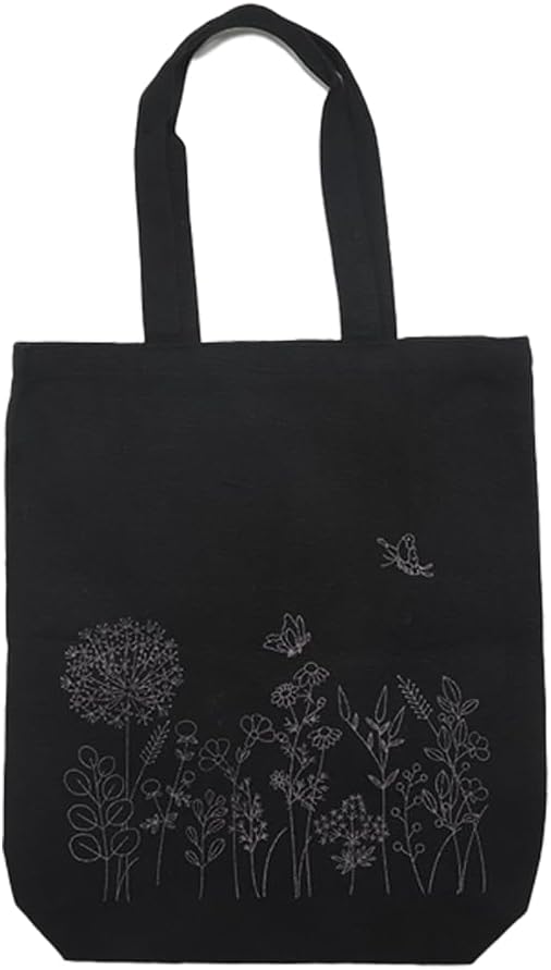 VWV-Whizzing Embroidery Canvas Tote Bag DIY Kit for Beginners, Complete with Pattern, Hoops, Color Threads, Tools & Detailed Instructions for Adults (13X15(in) Black-Bu)