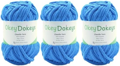 Size 6 Chenille Yarn 150g/96yds, 100% Polyester, Never Compressed to Keep Yarn Fluffy, 3 Packs, Each Skein - 1.76oz/50g, 32yds/35m, for Crocheting and Amigurumi, Bright Blue, Color 23