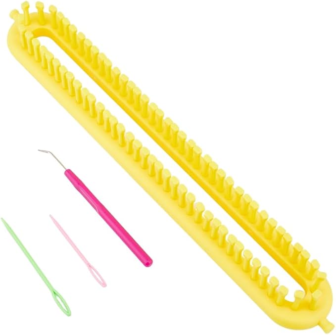 Hobbspring Knitting Loom Set Rectangular Knitting Board Loom Plastic Darning Needle Crochet Yellow Scarf Looms Long Hats Shawl Making Tool DIY Yarn Weaving Kits for Women Adults Beginners 13.9x2in