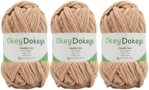 Size 6 Chenille Yarn 150g/96yds, 100% Polyester, Never Compressed to Keep Yarn Fluffy, 3 Packs, Each Skein - 1.76oz/50g, 32yds/35m, for Crocheting and Amigurumi, Almond Beige, Color 20