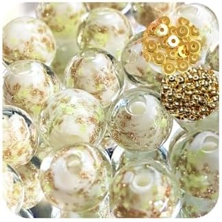 8mm 200pcs Glow in The Dark Glass Beads with Holes for Jewelry Making Bracelets Earrings Necklace Bulk Lampwork Solar Unique DIY Crafts Gold Spacer Beads Kit(100pcs Beads+100pcs Spacer)