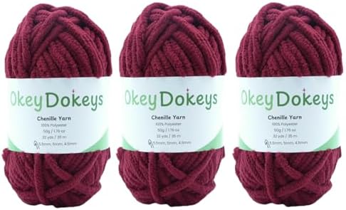 Size 6 Chenille Yarn 150g/96yds, 100% Polyester, Never Compressed to Keep Yarn Fluffy, 3 Packs, Each Skein - 1.76oz/50g, 32yds/35m, for Crocheting and Amigurumi, Maroon Red, Color 21