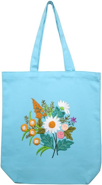 Canvas Tote Bag Embroidery Kit with Pattern for Beginners, Arts and DIY Embroidery Crafts Kits for Adults, Instructions, thimble, Embroidery Hoops, Color Threads (lightblue, CR002 chenhuicaoxin)