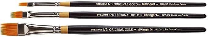 KINGART Premium 3 pc. Original Gold 9120 Series RAKE Comb Artist Brush Set, Synthetic Golden Taklon Hair for Acrylic, Oil, Watercolor and Gouache Paint, Short Handle, 3 Sizes: 1/8", 1/4", 1/2"