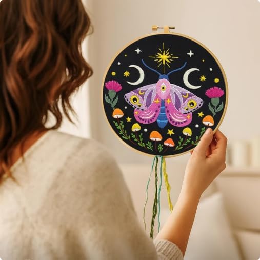 Nuberlic Moth Embroidery Kit for Beginners -Easy Cross Stitch Kits- Complete Embroidery Starter Set with Hoop, Pre-Printed Fabric, Threads & Needles