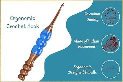 Wooden Crochet Hooks Set for Arthritic Hands | Ergonomic Soft Grip - Resin Mix Indian Rosewood Crochet Hook Set for Crocheting & Knitting (Blue, Set of 13)