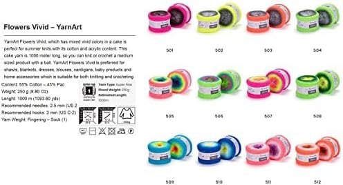 Yarn Art Flowers Vivid Yarn 250gr 8.80 oz 1094yds 55% Cotton 45% Acrylic Multicolor Cotton Fine Yarn Rainbow Crochet Spring Summer (506)