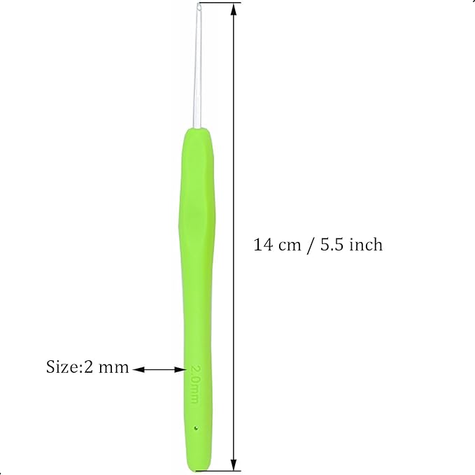 6Pcs 2mm Aluminum Soft Grip Rubber Ergonomic Handle Crochet Hook Knitting Needles US Size B (Size 1) for DIY Yarn Craft,Nice Gift for Women Adults Kids Children Beginners (Green)