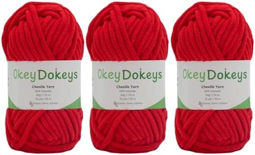 Size 6 Chenille Yarn 150g/96yds, 100% Polyester, Never Compressed to Keep Yarn Fluffy, 3 Packs, Each Skein - 1.76oz/50g, 32yds/35m, for Crocheting and Amigurumi, Hearted Red, Color 18