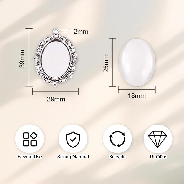 20Pcs Photo Charms Cabochon Blanks Set 10Pcs Large Oval Pendant Trays with 10 Glass Cabochons for Memorial Jewelry Making Bridal Bouquet Charms DIY