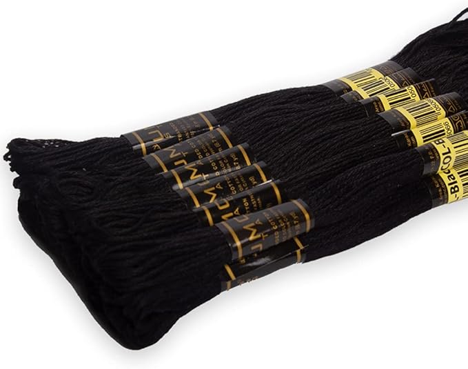 12 Pieces Black Colour Premium Embroidery Thread | 100% Egyptian Cotton Premium Skeins | Cross Stitch Embroidery Floss | Oeko TEX Certified Stranded Cotton (Black)