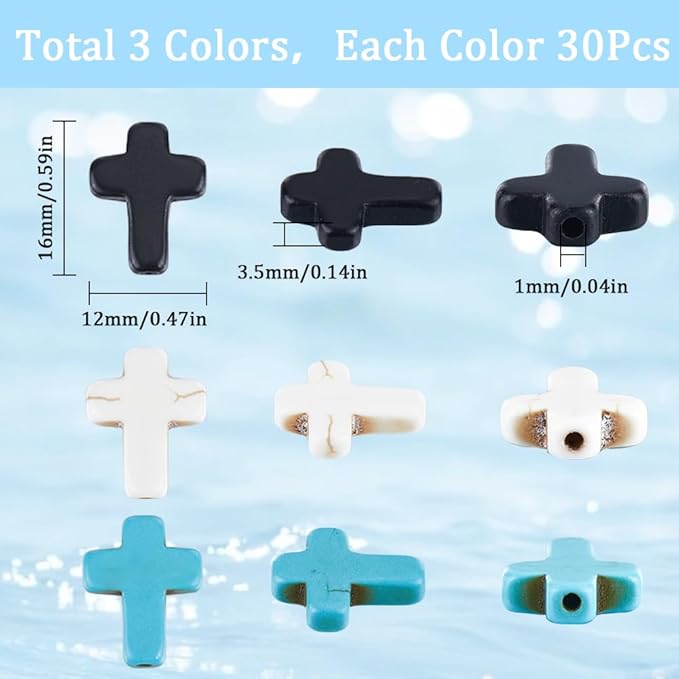 SUNNYCLUE 1 Box 90Pcs Cross Beads Bulk Black White Blue Synthetic Turquoise Pocket Crosses 16x12mm Mini Small Stone Cross Beads Easter Holiday Cross Loose Spacer Beads for Jewelry Making Beading Kits