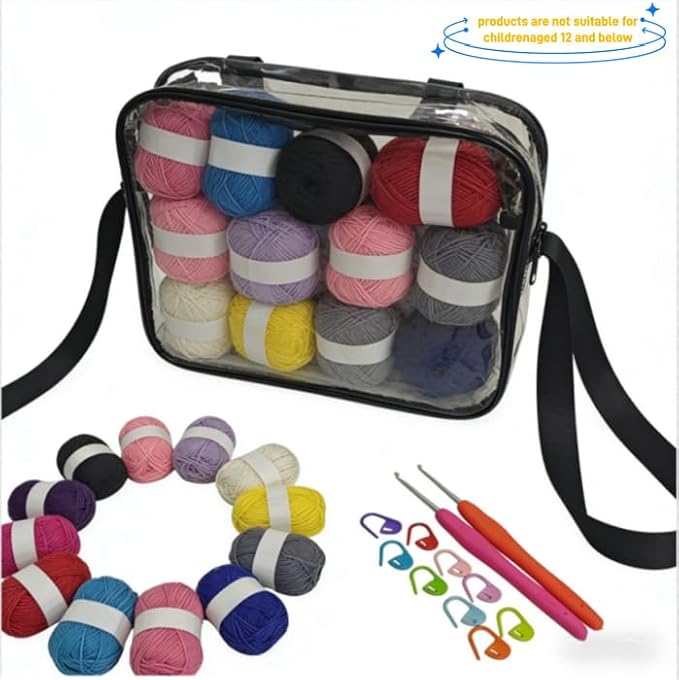 24-Piece Crochet Starter kit – Includes 12-Color Yarn Bundle, 2 Crochet Hooks, 9 Stitch Markers, and a Storage Bag; Complete Knitting Set Suitable for DIY Crafts and Scarf Making