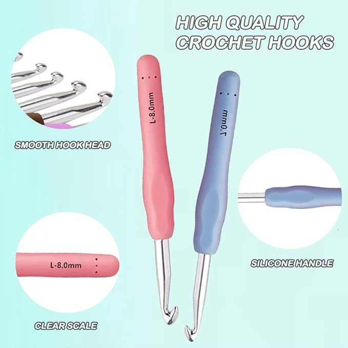 yarniss 12 size crochet hooks 2.0mm~8.0mm, ergonomic crochet hooks set with case, crochet needle tools for beginner