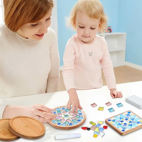 12 Sets DIY Glass Mosaic Tiles for Crafts Mixed Color Mosaic Kits with Wooden Coaster for Adults Bamboo Coaster for Drinks Tray Handmade Home Decoration
