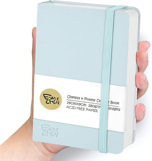 Mix Media Pad,3.5"x5.5" Small Hardcover Leather Art Sketchbook,60 Sheets(112lb/180gsm) Heavyweight Acid Free Artistic Painting Drawing Sketching Paper, Handy Pocket Journal Sketchbook.Light Blue