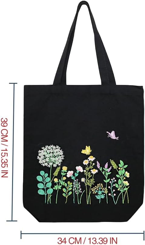 VWV-Whizzing Embroidery Canvas Tote Bag DIY Kit for Beginners, Complete with Pattern, Hoops, Color Threads, Tools & Detailed Instructions for Adults (13X15(in) Black-Bu)
