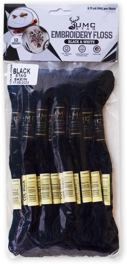 Pack of 12 Black Premium Embroidery Thread | 100% Egyptian Cotton Premium Skeins | Cross Stitch Embroidery Floss | Oeko TEX Certified Stranded Cotton | Ideal for Arts & Crafts (Black-12)