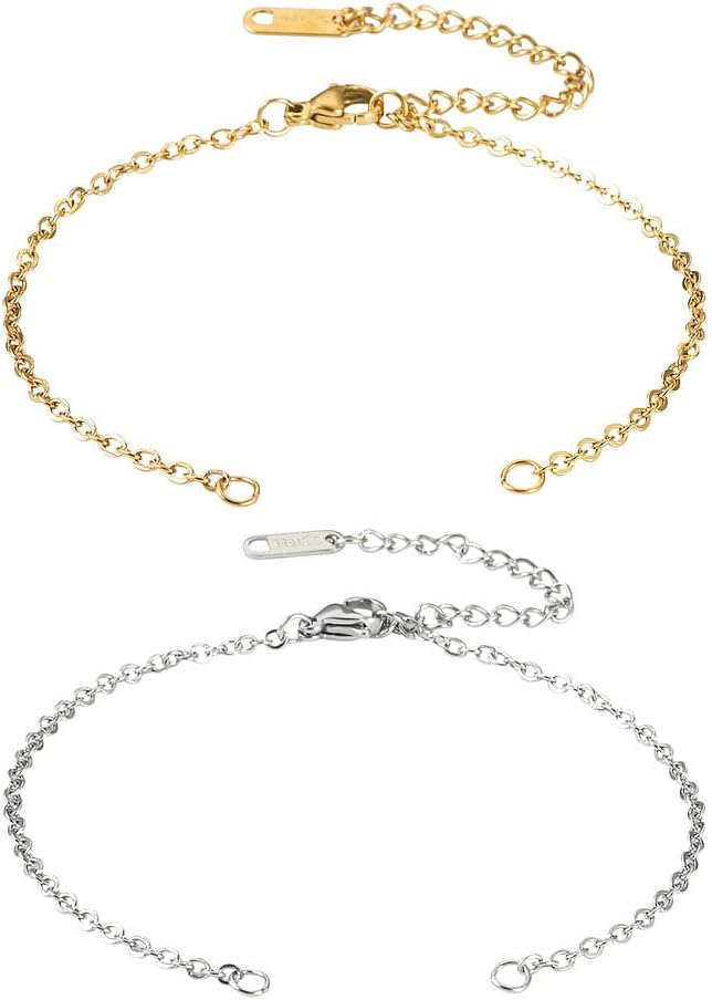 FASHEWELRY 8Pcs Stainless Steel Adjustable Chains Bracelet Cable Chain Extender Chains 6-5/8 inch Metal Chain Link Bracelets with Lobster Clasp for Jewelry Making