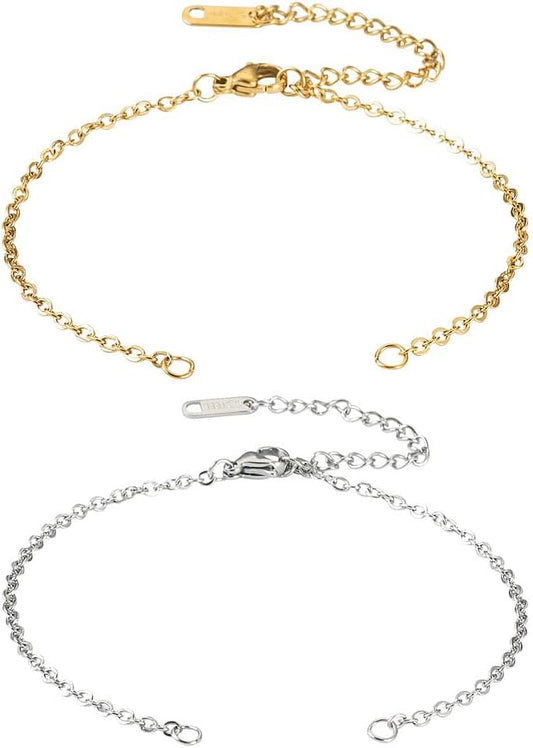 FASHEWELRY 8Pcs Stainless Steel Adjustable Chains Bracelet Cable Chain Extender Chains 6-5/8 inch Metal Chain Link Bracelets with Lobster Clasp for Jewelry Making