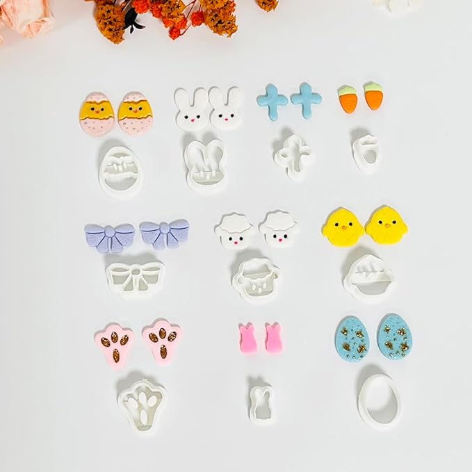 Xaekicr Easter Polymer Clay Cutters Set – 10pcs Clay Earring Cutters for Easter Eggs, Bunny, Chick, Bow and More – DIY Clay Tools & Polymer Clay Molds for Jewelry Making