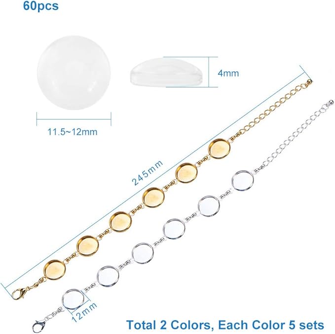 PH PandaHall 10pcs Adjustable Bracelet Chain, 12mm Bracelet Bezel Settings for Jewelry Making with 6 Tray Blank, 60pcs 12mm Clear Glass Cabochons for DIY Bracelets Making, Silver & Golden