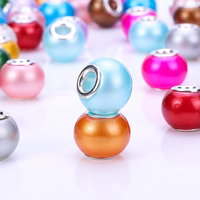 AIPRIDY 100Pcs 15x11mm Painting Murano Large Hole Glass Beads Mix Color with Silver Brass Cores European Charm fit Bracelet Necklace (Pearl)