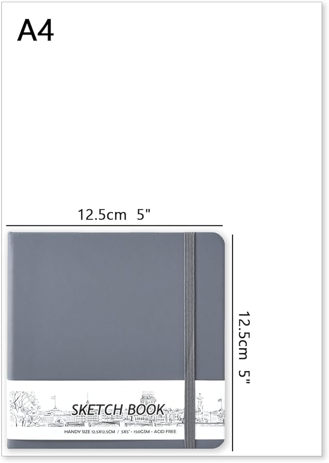 5" x 5" Hardcover Sketch Book,Small Mixed Media Sketch Pad,58 Sheets 150GSM Acid-Free Artist Drawing Paper,Travel Journal Blank Notebook for Adults Painting,Illustration,Art Supplies.Dark Grey