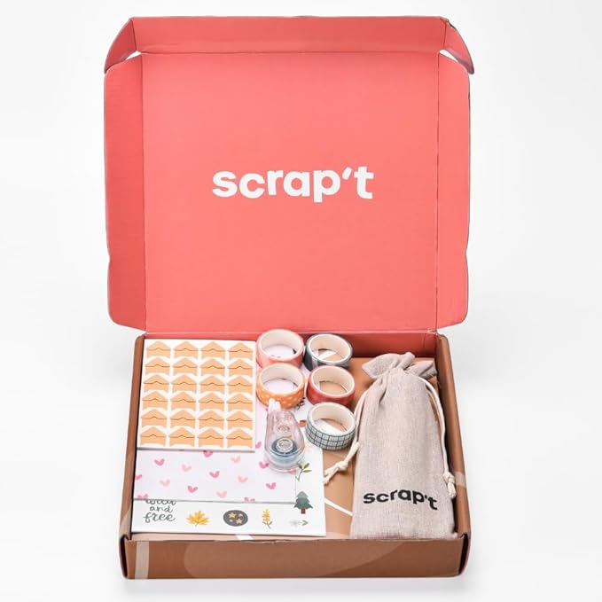 scrapbook kit - 80 page photo album diy scrapbook - holds 300+ photos, with metallic pens, 150+ stickers, glue pen, washi tapes, backing paper, photo corner stickers (starter kit - 8 x 8 inch, kraft)