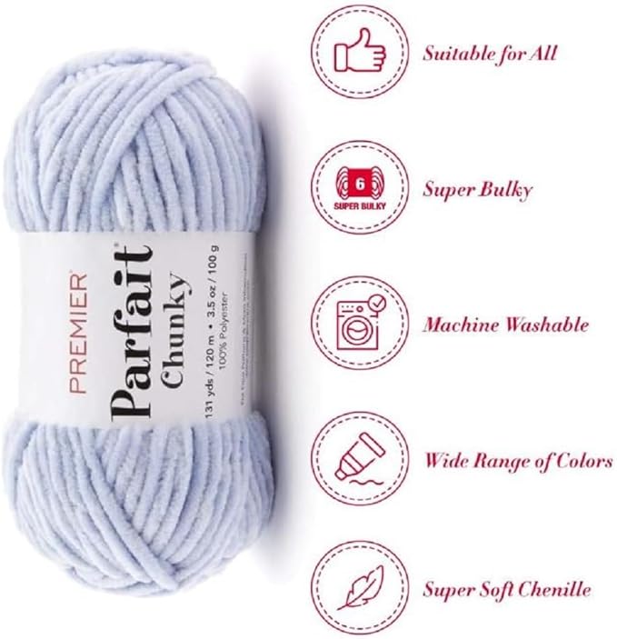 Premier Yarns Parfait Chunky Chenille Yarn 3.5 Oz 6 Super Bulky Weight 3 Pack Bundle with Bella's Stitch Place Holders (Pale Blue)
